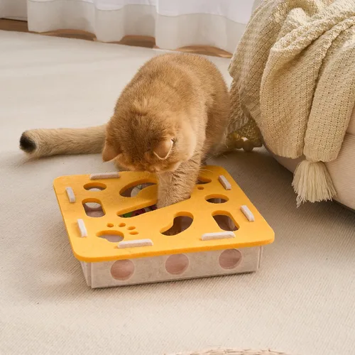 Vista 8 de Juguete interactivo de rompecabezas para gatos, caja de laberinto de fieltro con 3 bolas de cascabel para gatos de interior, estimulación mental