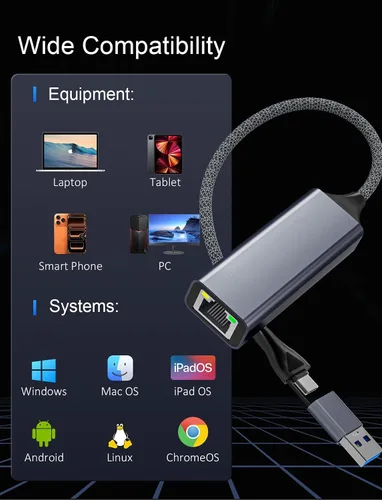 Vista 6 de Adaptador USB C a Ethernet de 2.5 Gbps, 2 en 1 USB 3.0 y adaptador de red USB-C a RJ45, convertidor LAN Gigabit de 2500 Mbps con carcasa