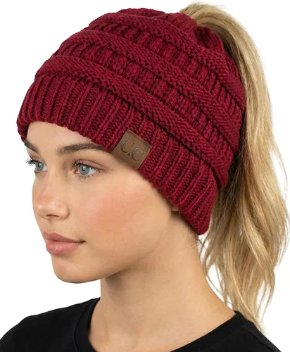 Vista 28 de Funky Junque Gorro de Cola de Caballo para Mujeres - Gorro de Invierno Ponyback Suave Elástico de Punto Trenzado Cola Alta Gorros para Correr