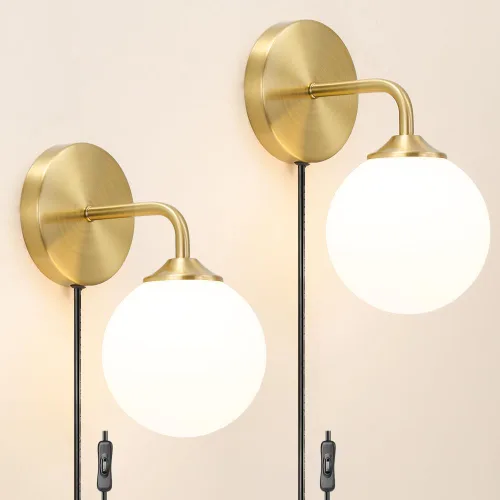 Vista 9 de Juego de 2 apliques de pared blancos enchufables, lámpara de pared moderna con cable de enchufe, aplique de madera con pantalla de metal martillado