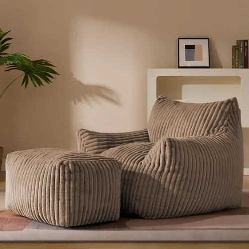 Vista 13 de Puf Chaise Lounge de Gran Tamaño para Interiores para Adultos con Reposabrazos y Otomana - Puf Gigante Cómodo Beige Perezoso para el Suelo, Sofá
