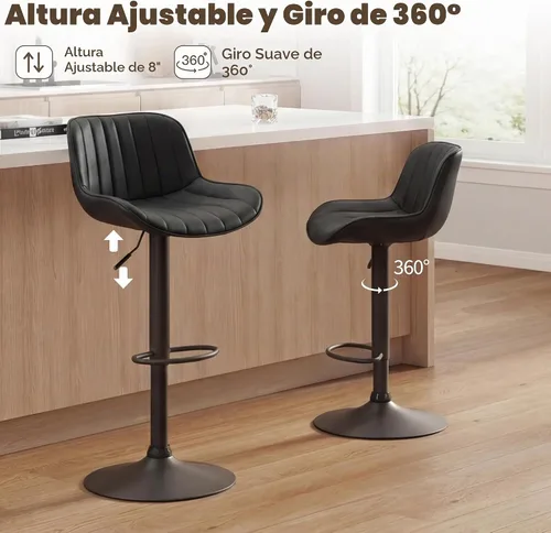 Vista 5 de Volans Juego de 2 taburetes de bar ajustables, sillas de bar giratorias de piel sintética, silla de isla de altura de mostrador con respaldo, base