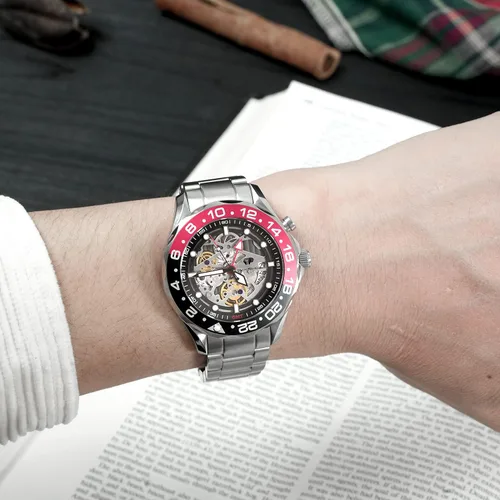 Vista 8 de TSAR BOMBA Relojes mecánicos automáticos híbridos GMT de lujo para hombres, 656.2 ft, impermeable, esqueleto japonés, movimiento de carga