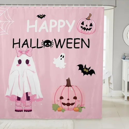 Vista 14 de Cortina de ducha de tela de unicornio de Halloween, misteriosa cortina de ducha de flores de castillo estrellado para baño, cortina de ducha