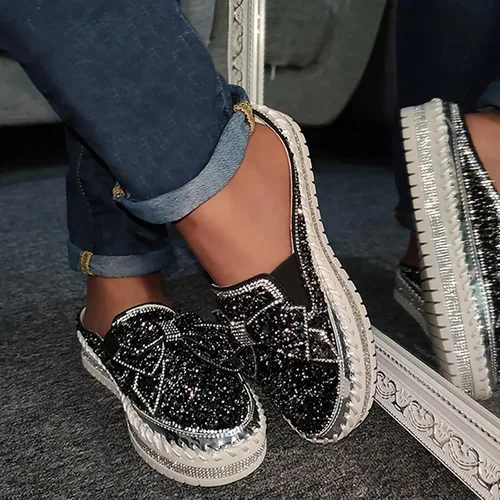 Vista 2 de Hbeylia Zapatos deportivos sin cordones para mujer, con lentejuelas y diamantes de imitación, diseño de lazo, plataforma, transpirables