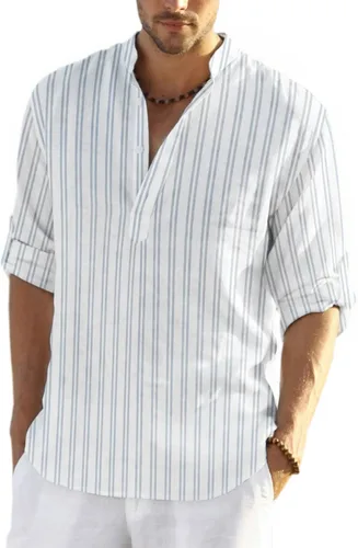 Vista 8 de COOFANDY Camiseta Henley de algodón y lino para hombre, de manga larga, estilo hippie, casual, playera