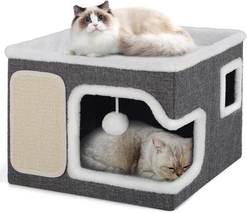 Vista 11 de Camas dobles para gatos de interior, casa para gatos de 2 pisos con grandes y acogedores escondites, cubo cueva de doble propósito con almohadillas