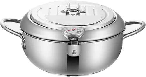 Vista 6 de Olla de acero inoxidable, sartén de aceite con termómetro, freidora de fondo plano desmontable de 7.9 in/9.4 in para anillos de calamar perfectos