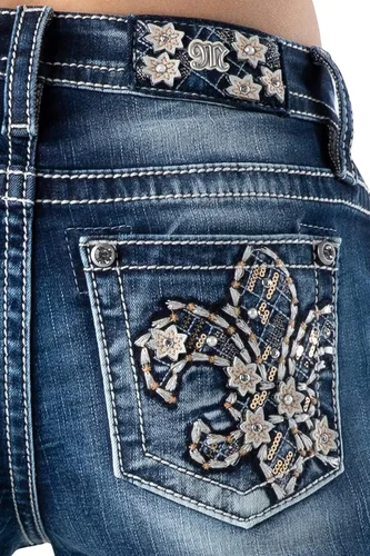 Vista 4 de Miss Me Women's Mid-Rise Tropical Fleur De Lis Embellished Bootcut Jeans