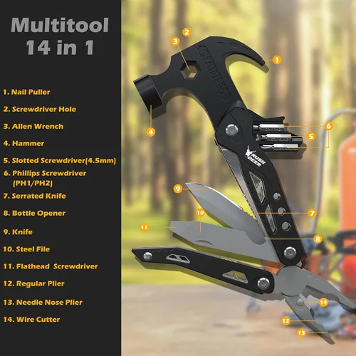 Vista 2 de RUSH DEER Multiherramienta 14 en 1, Regalos para Papá, Multiherramienta de Mini Martillo, Herramienta de Martillo Pequeño, Equipo de Supervivencia