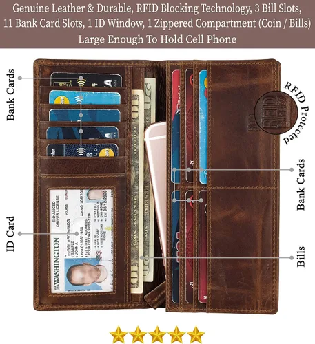 Vista 2 de Mou Meraki Cartera larga plegable de cuero genuino para hombre con bloqueo RFID