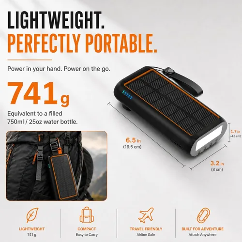 Vista 8 de ReeZar Cargador solar de 61200 mAh, manivela de mano integrada y 4 cables PD 15 W QC3.0 de carga rápida, entrada y salida tipo C, linterna