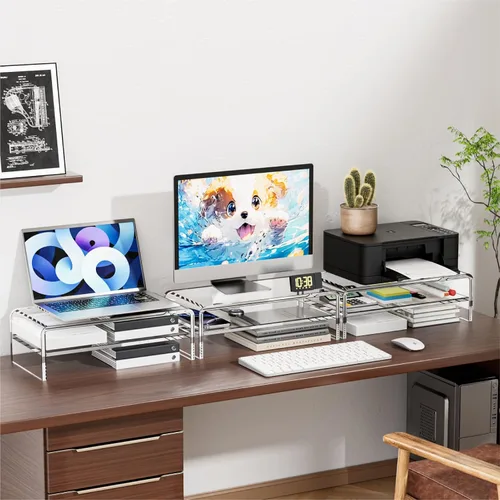 Vista 7 de Egchi Soporte Elevador de Monitor de Acrílico, Soporte Elevador de Monitor de Computadora Transparente de 2 Niveles para Oficina en Casa y Negocios