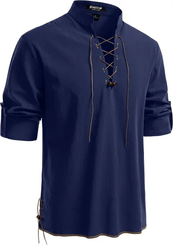 Vista 13 de JEMITOP Men's Pure Cotton Renaissance Lace Up Shirt Verde militar