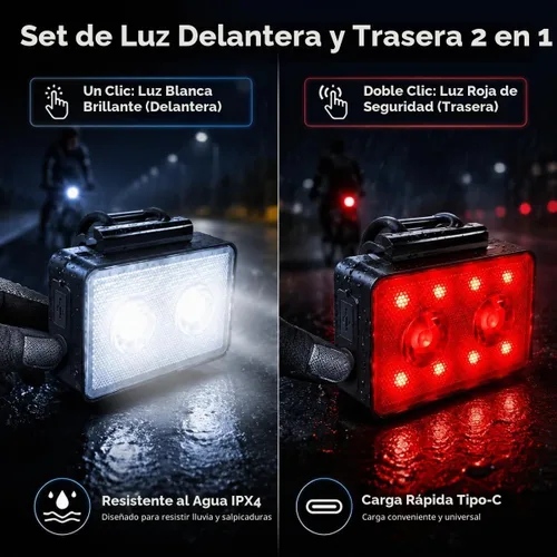 Vista 2 de Bike Lights for Night Riding, USB Rechargeable, Front and Back, 3+4 Modes, Headlight and Taillight Set, IP44 Waterproof, Accessories, Night, (2 Pack)