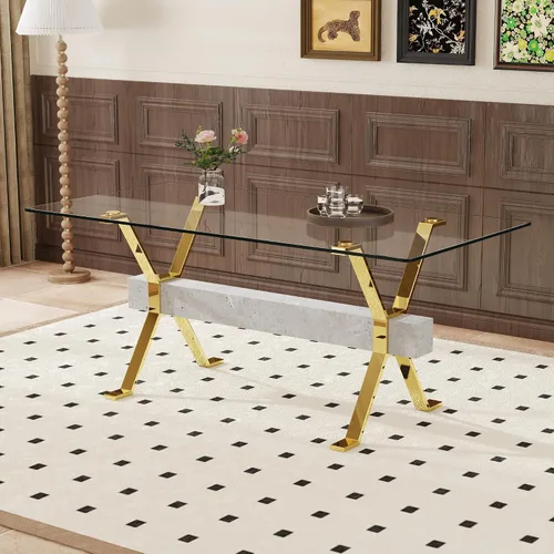 Vista 3 de Dining Table. Modern Tempered Glass Dining Table. Large Modern Office Desk with Gold Plated Metal Legs and Gray crossbars, Suitable for Both Home