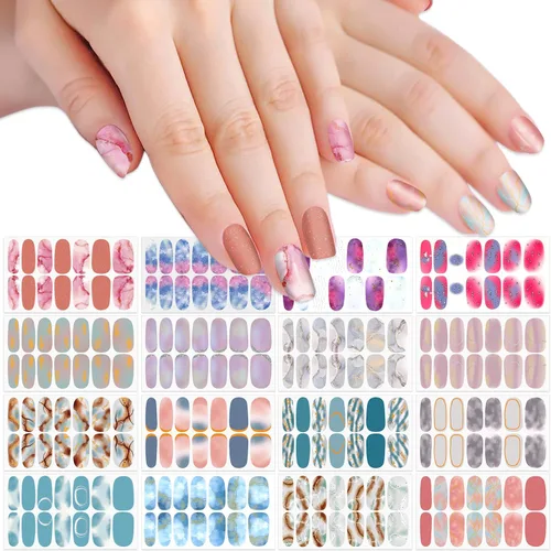 Vista 11 de 16 hojas de envolturas de uñas negras adhesivas en tiras de esmalte de uñas, tiras de gel autoadhesivas, calcomanías de esmalte de uñas sólidas