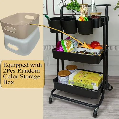 Vista 6 de Estante organizador de almacenamiento de 3 niveles con 3 tazas colgantes, 8 ganchos, 2 cajas de almacenamiento para el hogar, oficina, cocina, baño