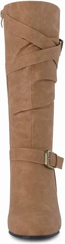 Vista 5 de Coutgo Botas holgadas de media pantorrilla para mujer, tacón grueso, de piel sintética, hasta la rodilla, con cremallera lateral, hebilla de metal