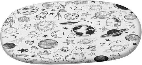 Vista 3 de Mantel ajustable ovalado de poliéster elástico para niños, planetas dibujados a mano, asteroides, constelaciones, monocromo, universo, estampado