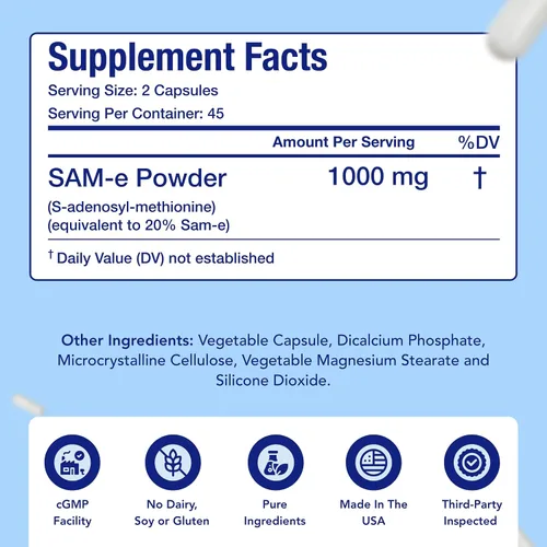 Vista 8 de Suplemento SAM-e extra fuerte El mismo S-adenosil-L-metionina 1000 mg por porción para suplemento de apoyo óseo y estado de ánimo, fabricado