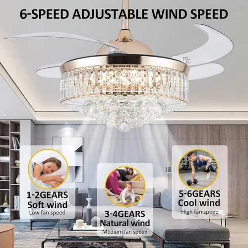 Vista 4 de Bavnnro Ventiladores de techo de cristal con luz, ventilador retráctil de 36 pulgadas, LED regulable, kit de luces de ventilador de techo de cristal