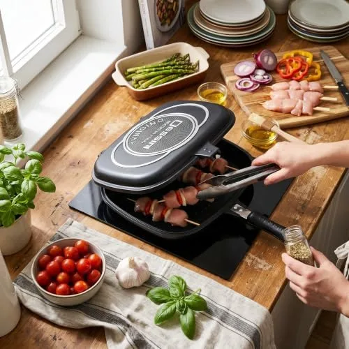 Vista 8 de CHICIRIS Sartén de doble cara, sartén de aluminio para cocina, parrilla doble multiusos para tortilla de huevo, sándwich, carne, barbacoa, panini