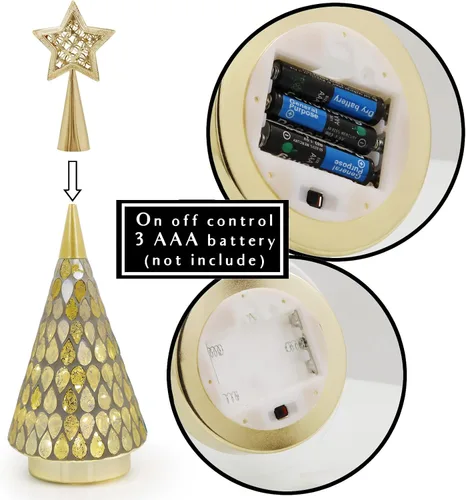 Vista 6 de Árbol de Navidad de vidrio con mosaico dorado con estrella, 2 piezas de árboles de Navidad pequeños de mesa con luz, árbol de Navidad a