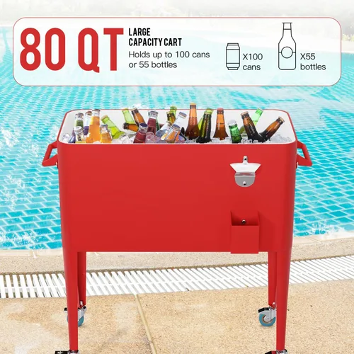 Vista 4 de Enfriador de 80 cuartos de galón para exteriores, enfriador de hielo con ruedas, asas laterales, abridor de botellas, enfriador de bebidas portátil