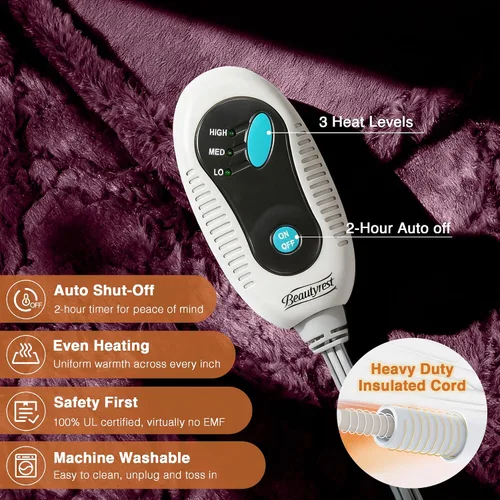 Vista 2 de Beautyrest Manta eléctrica de piel sintética cepillada larga con diseño texturizado Ogee, apagado automático, prácticamente cero EMF, configuración