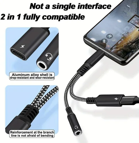 Vista 4 de SHERAF Adaptador USB C a auriculares y cargador de 0.1 in, USB C 2 en 1 a conector de audio auxiliar con cable PD de carga rápida para iPhone 15/15
