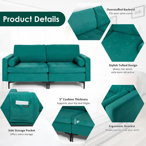 Vista 5 de KOMFOTT Sofá de dos plazas, tapizado para sala de estar, asientos de dos plazas modernos con 2 almohadas de refuerzo, bolsillo para revista, sofá