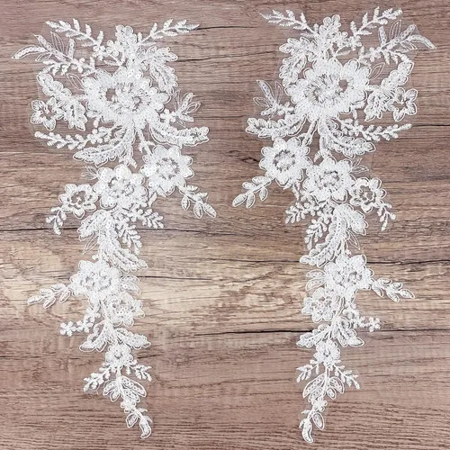 Vista 4 de 1 par de apliques de encaje con bordado de flores de lentejuelas, parches para coser para boda, vestido de novia, vestido de fiesta, ropa, corpiño