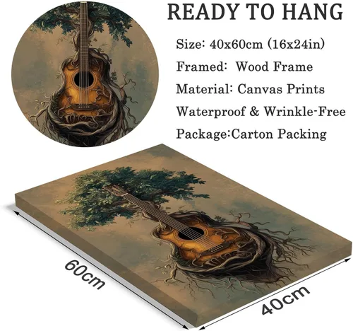 Vista 3 de BACJUOPLDArt Guitar Pictures Guitar Tree Wall Art Vintage Tree Prints Retro Music Posters Vintage Canvas Prints Musical Posters for Music Studio
