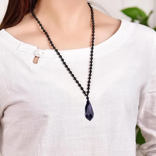 Vista 6 de Collar de obsidiana negra con dije de protección con cadena de cuentas extendida, collar de amuleto de piedra de cristal curativo para hombres