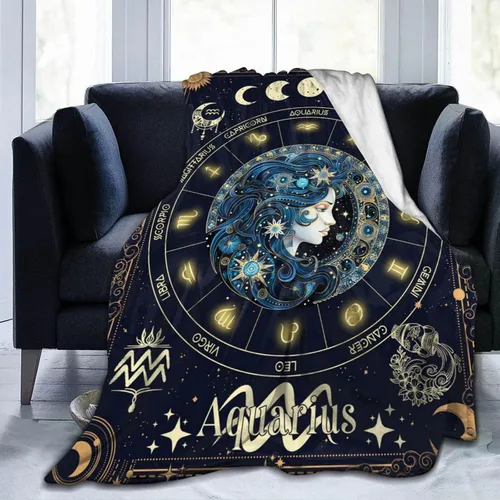 Vista 2 de Manta del Zodiaco Acuario para Niños y Niñas, Diseño Temático de Astrología Secreta Impreso, Mantas de Tiro para Niños, Regazo, Silla, Manta Suave