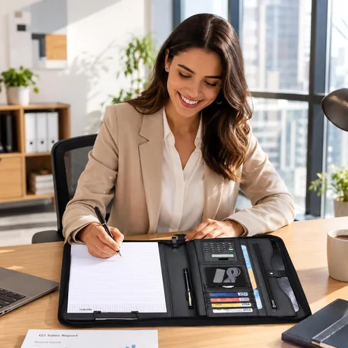 Vista 5 de Eshow Padfolio para hombres y mujeres con bolígrafo, cartera de cuero con cremallera, organizador profesional de currículum de entrevistas