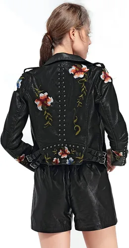 Vista 5 de LY VAREY LIN Chaqueta de cuero sintético bordado floral para mujer