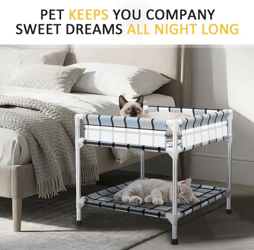 Vista 2 de Litera para Perros con Ventana de Cabecera - Cama Doble Elevada para Perros y Humanos con Barandilla de 2 Capas, Percha de Ventana para Perros, Cuna