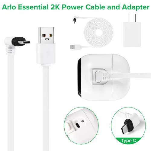 Vista 4 de Cable de alimentación de 25 pies compatible con cámara de seguridad Arlo Essential 2K para exteriores (2ª generación), cable de carga plano, cable