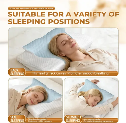 Vista 6 de Almohada cervical para el cuello para aliviar el dolor para el cuello, almohada ergonómica para dormir de lado, almohada de apnea del sueño Azul