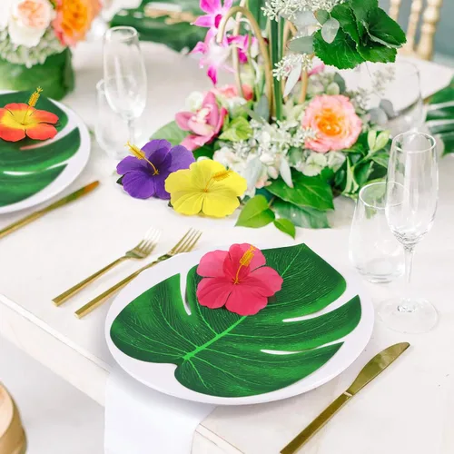 Vista 4 de 126 piezas de suministros para decoraciones de fiesta Luau, hojas de palma tropicales, flores de hibisco, hojas artificiales simuladas para fiestas