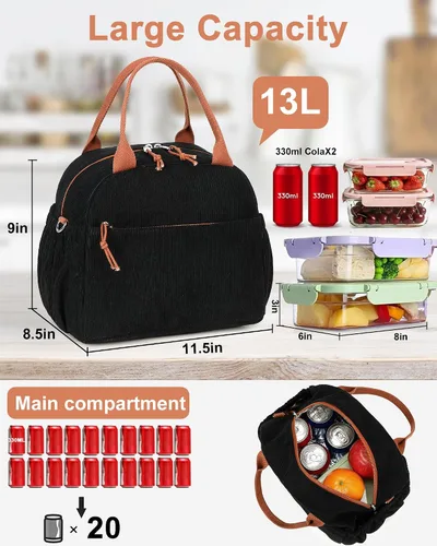Vista 2 de Bluboon Bolsa de almuerzo para mujer, bonita bolsa de almuerzo de pana con correa para el hombro, reutilizable, aislada, gran capacidad
