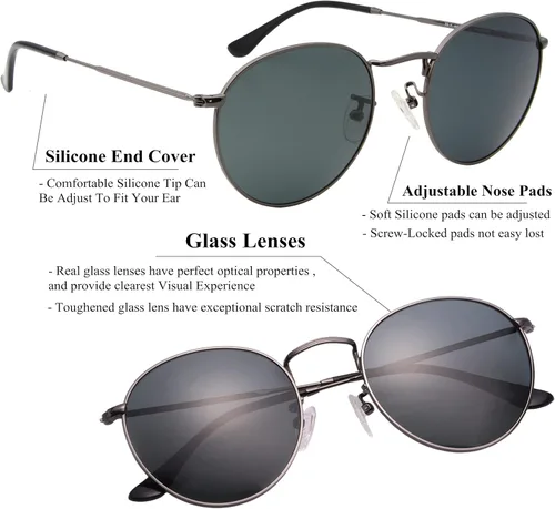 Vista 5 de Lentes de sol redondos para mujeres y hombres, lentes de cristal real, retro, círculo, lentes de sol, lentes de sol, 2.087 in
