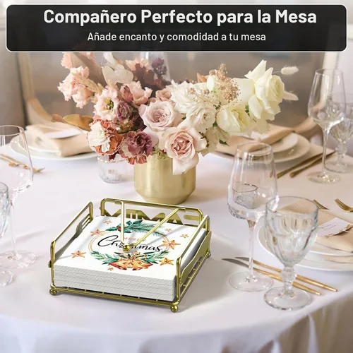 Vista 2 de Servilletero para mesa, dispensador de servilletas plano con brazo con peso, soporte cuadrado de papel de cóctel de elegante hierro rústico para Oro
