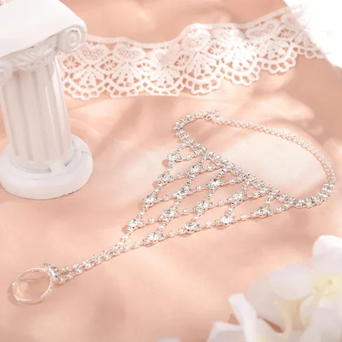 Vista 7 de YERTTER Delicados diamantes de imitación plateados para novias, accesorios de mano, eslabones esclavos con anillo, pulsera brillante con anillo