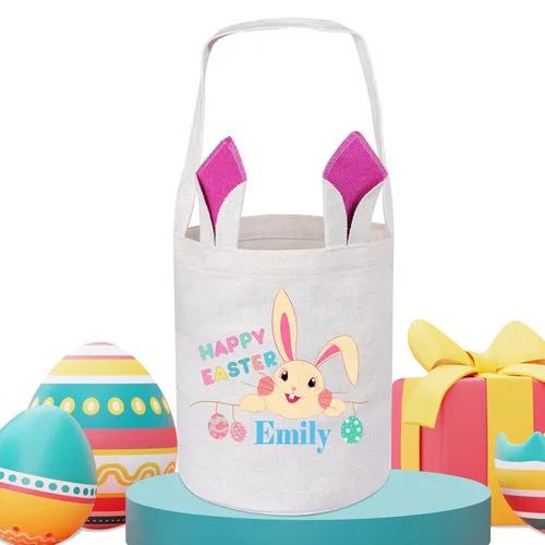 Vista 15 de Touber Cesta de Pascua, canastas de Pascua de algodón personalizadas para niñas y niños, rectangular, cestas de caza de huevos de Pascua con orejas