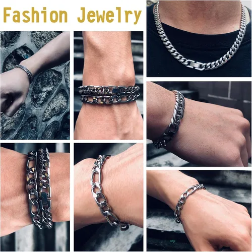 Vista 6 de Collar de pulsera Figaro de eslabones cubanos de 3 piezas, plata dorada y negra, resistente acero inoxidable 316L, cadena Figaro de eslabones