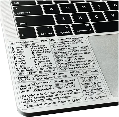 Vista 17 de Synerlogic Pegatina de accesos directos de Mac OS Calcomanías de teclado para macOS Hoja de trucos de vinilo laminado para MacBook para Negro