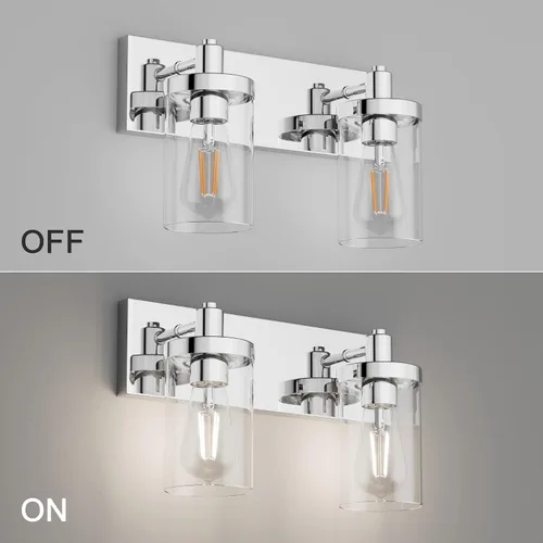 Vista 2 de Aipsun Accesorios de iluminación de tocador de baño, luz cromada, 2 luces, luz de baño de acero inoxidable con pantalla de vidrio transparente